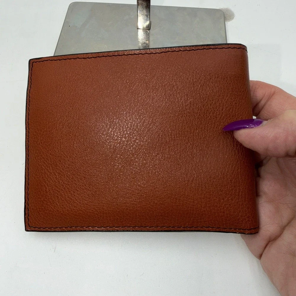 Kenneth Cole New York Mens Leather Bifold Wallet Cognac Brown 8 Card Slots